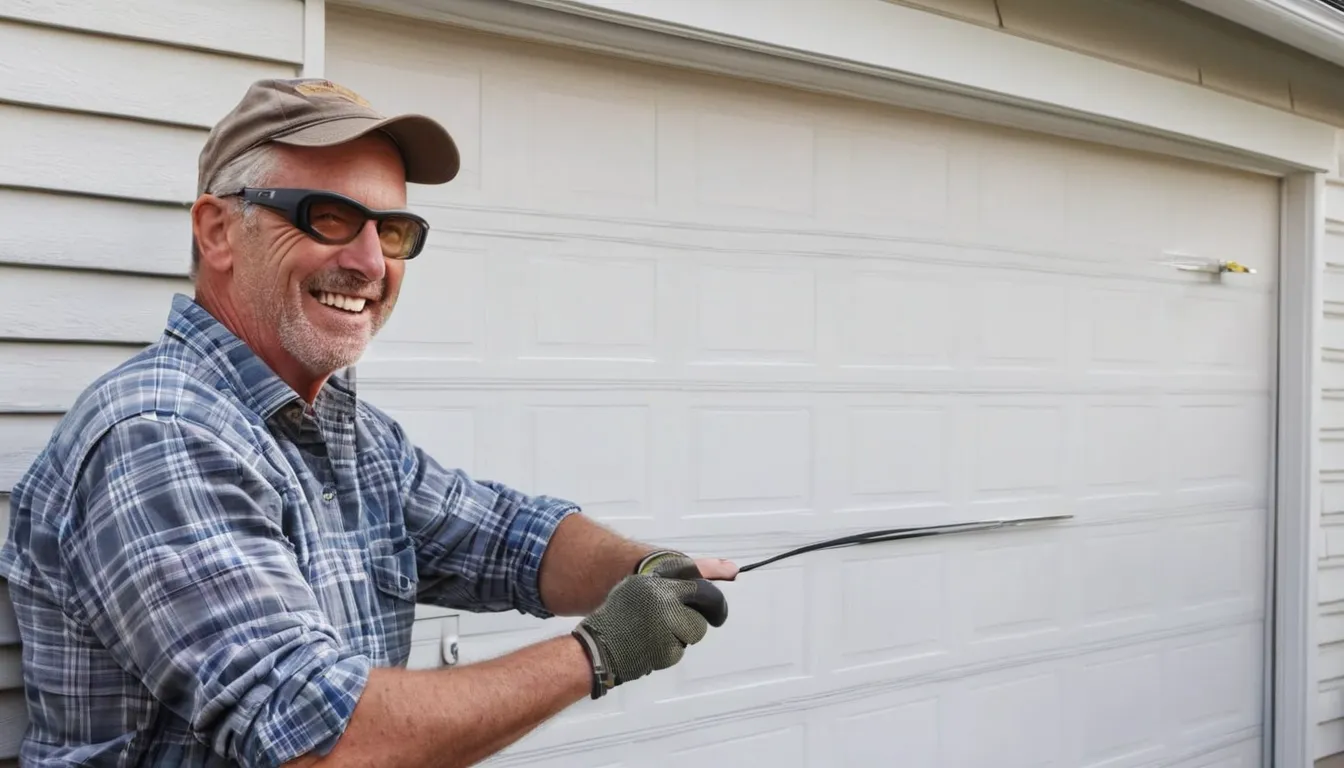 A local garage door provider checking a torsion spring above a residential garage door in Chester Heights